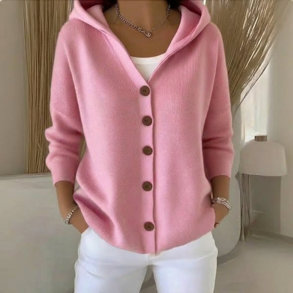 Back view of the Elara soft hooded knit cardigan in fresh mint, illustrating the comfortable drape and full length of the garment.