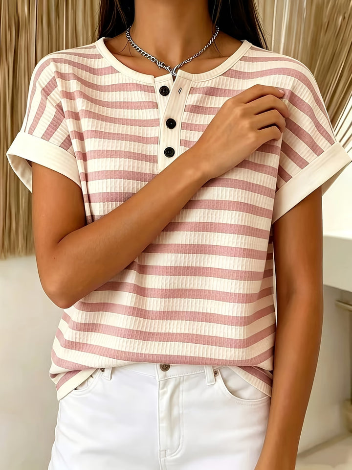 Imogen | Striped Waffle Button Top