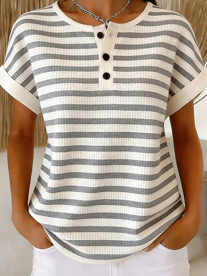 Imogen | Striped Waffle Button Top