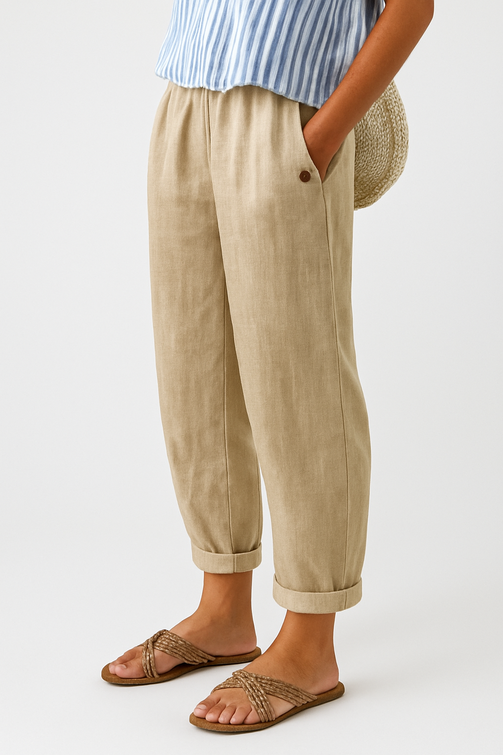 Front view of Kailani comfortable summer pants in beige, showcasing the relaxed fit and high-rise waist.