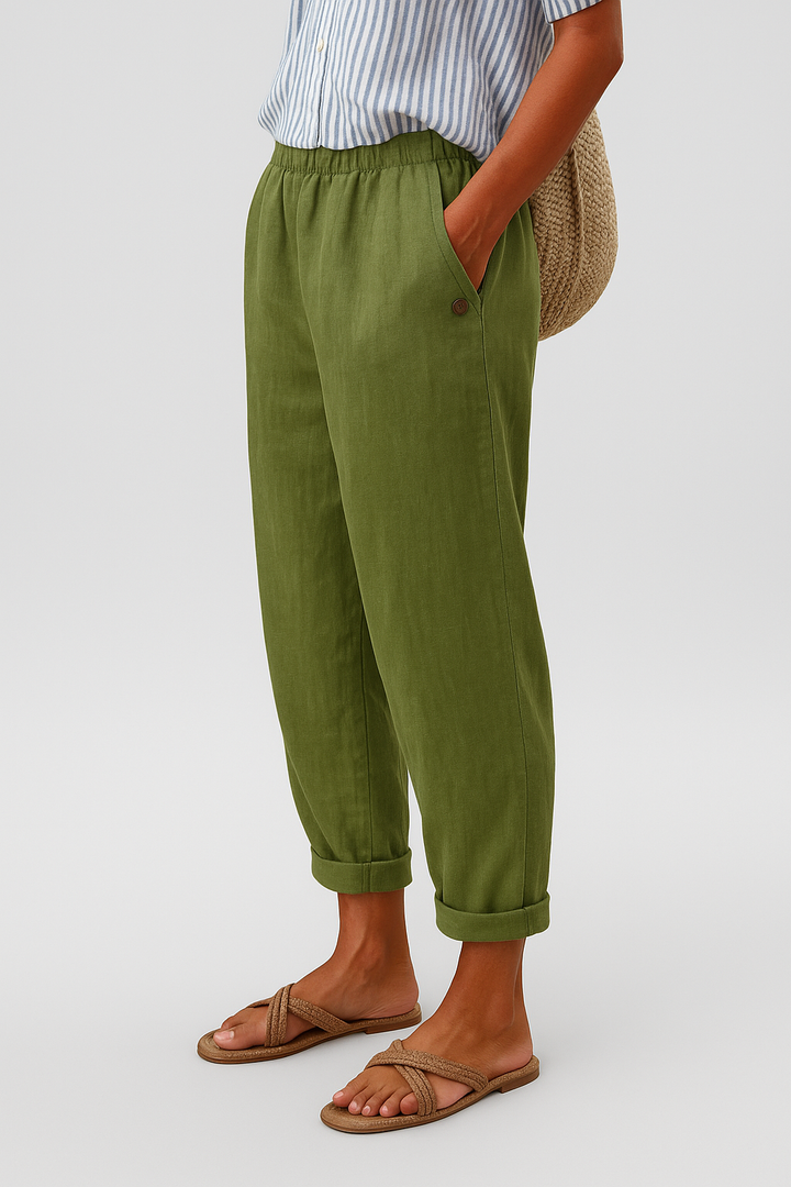 Side profile of Kailani summer pants, highlighting the practical deep side pockets and flowy fabric.