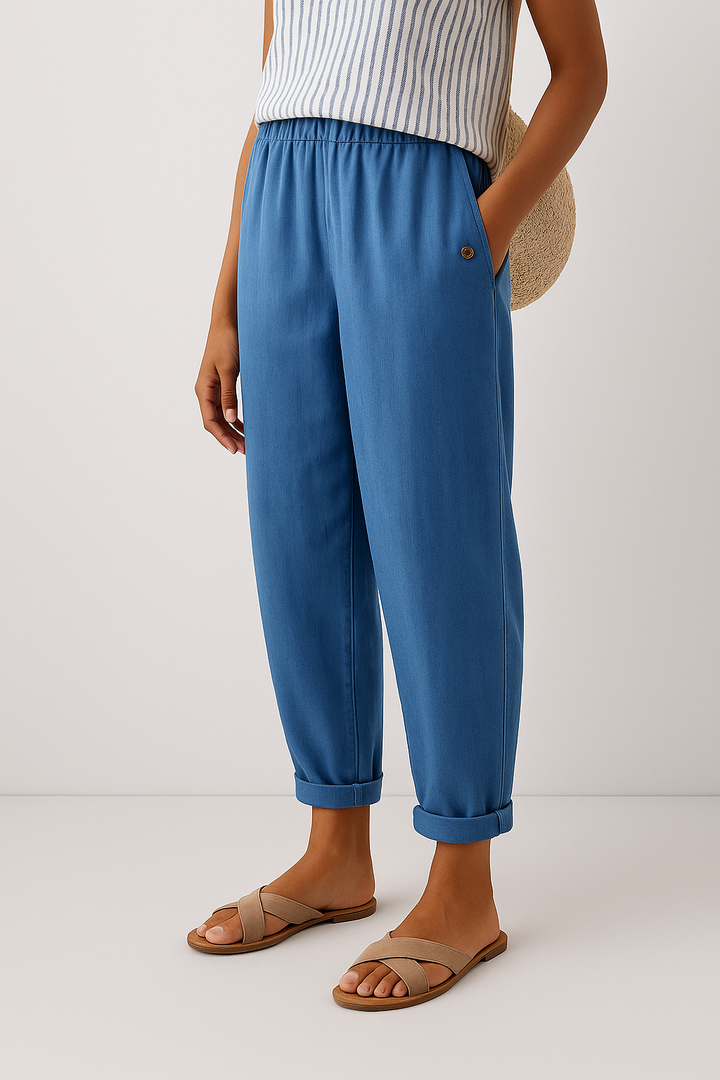 Close-up detail of the elasticated waistband on the Kailani comfortable pants, showing texture and stretch.