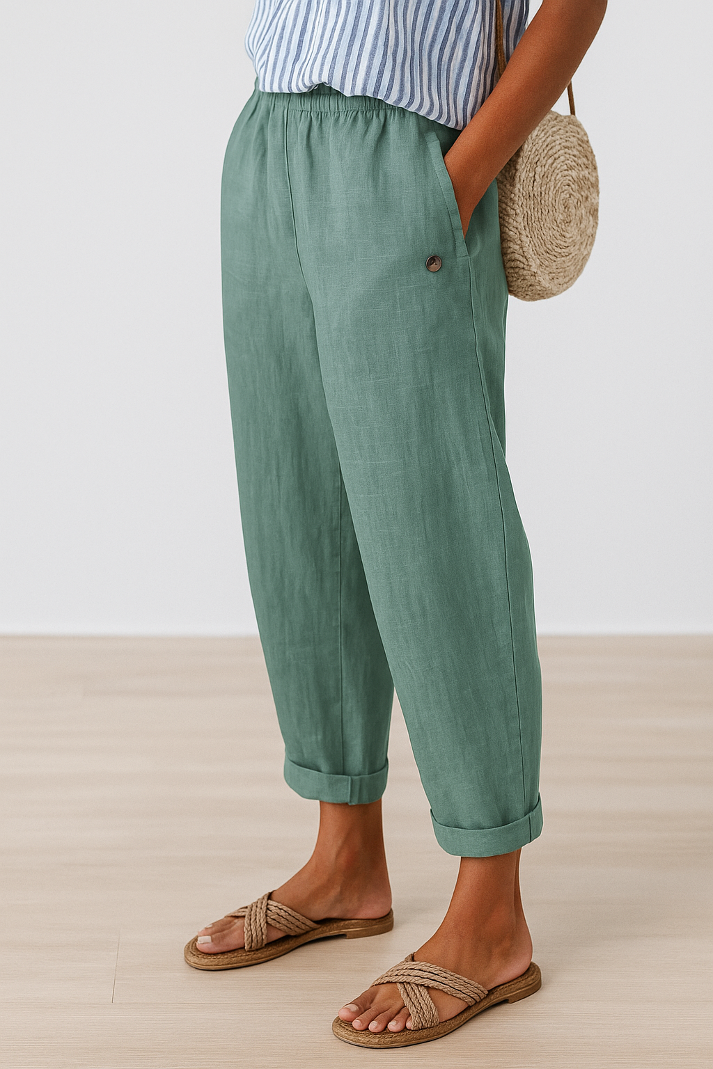 Back view of the Kailani summer pants in green, draped elegantly to show the wide-leg silhouette.