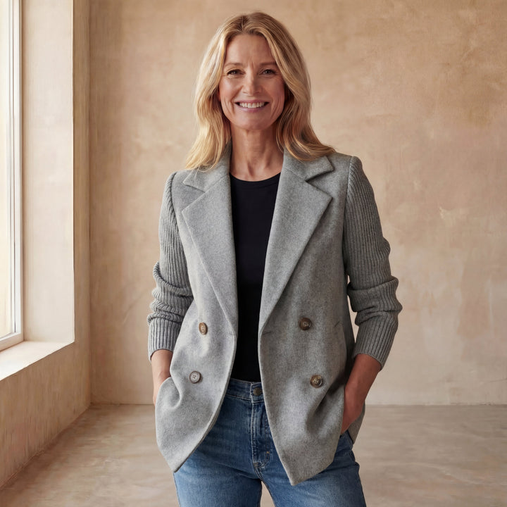 Texture detail of the ribbed knit sleeve cuff on the versatile Kinsley casual jacket.