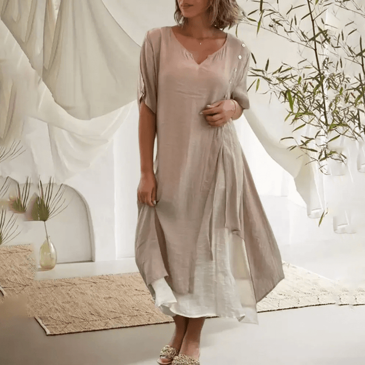 Full-length view of a woman wearing the Liana classic maxi dress, emphasizing its versatility.