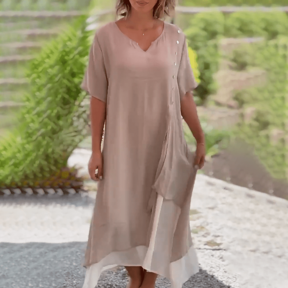 Detailed shot of the stitching and quality craftsmanship on the Liana classic maxi dress.