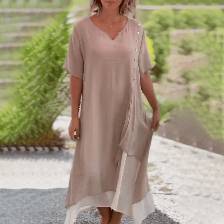 Detailed shot of the stitching and quality craftsmanship on the Liana classic maxi dress.