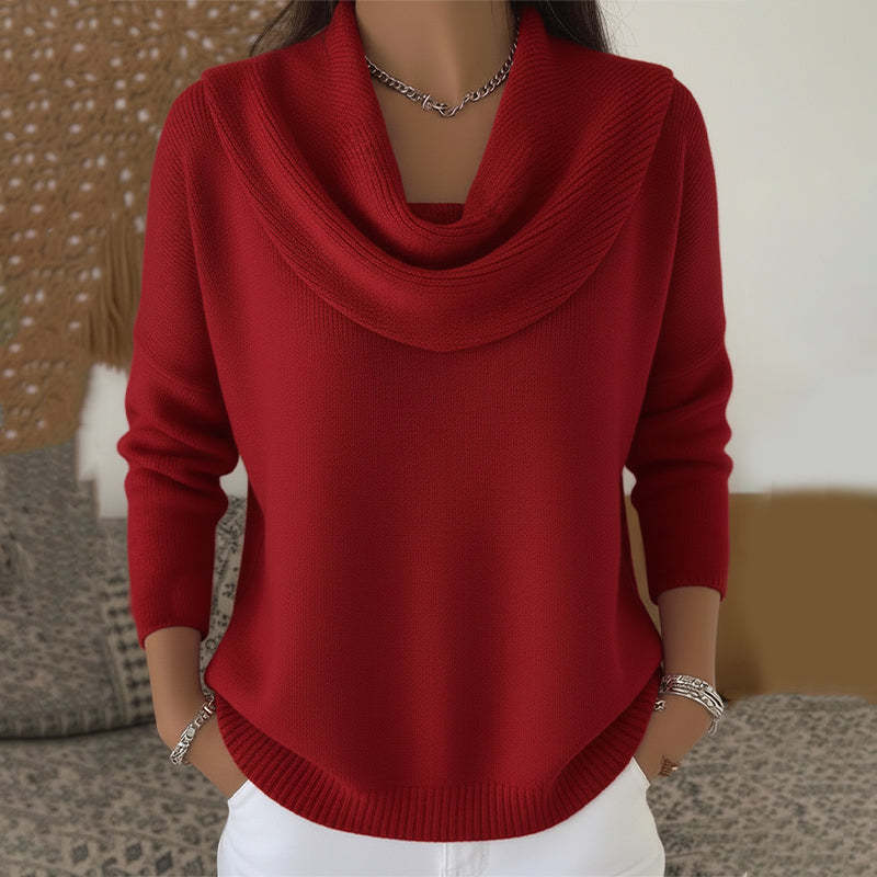 Front view of a woman wearing the stylish beige Seraphina collared sweater, showcasing its elegant drape.