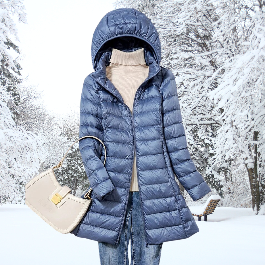 Side profile of the Seraphina ultralight down jacket in khaki, demonstrating its flattering cut.