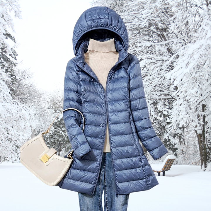 Side profile of the Seraphina ultralight down jacket in khaki, demonstrating its flattering cut.