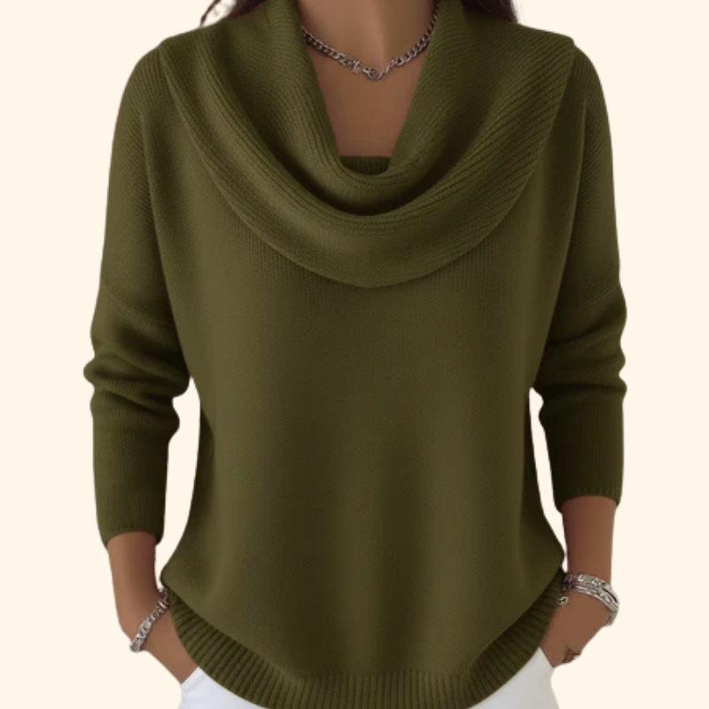 Woman smiling while wearing the black Seraphina collared sweater, illustrating its versatility for various moods.