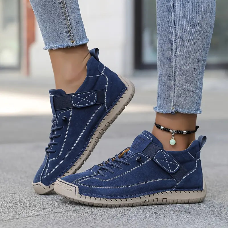 Brown orthopedic sneakers styled with casual clothing, demonstrating their versatile appeal.