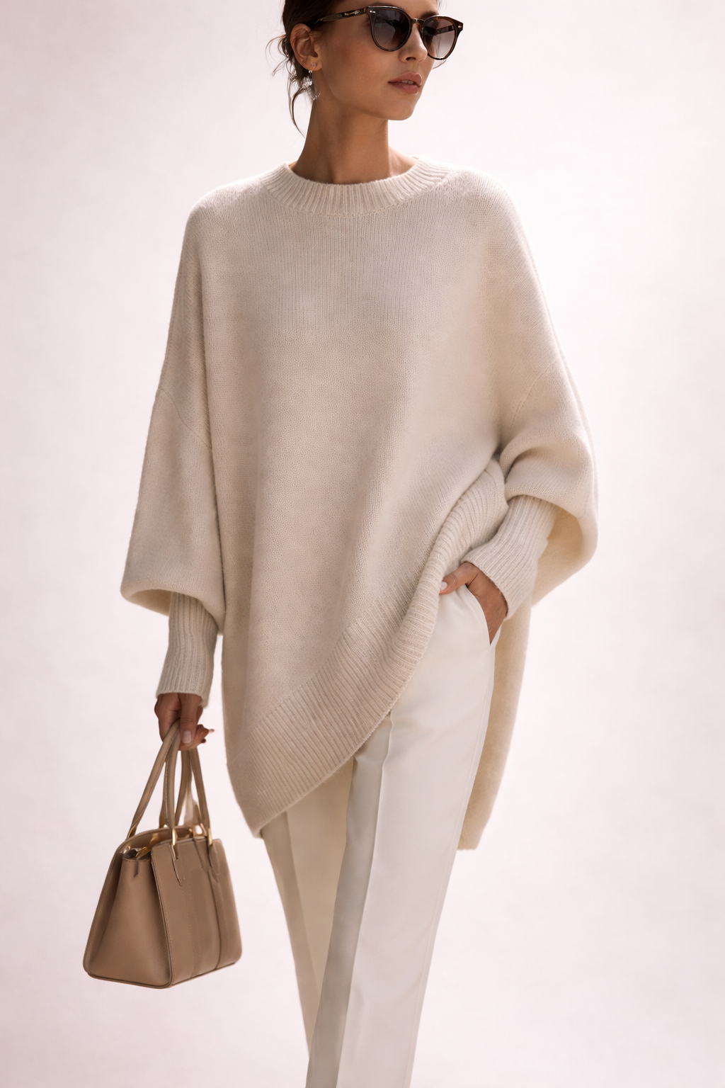 Front view of the Solana oversize poncho pullover in a soft beige color, showcasing its relaxed drape.