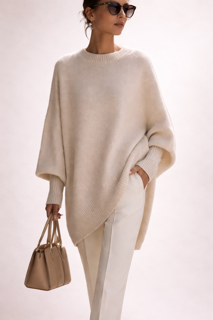 Front view of the Solana oversize poncho pullover in a soft beige color, showcasing its relaxed drape.